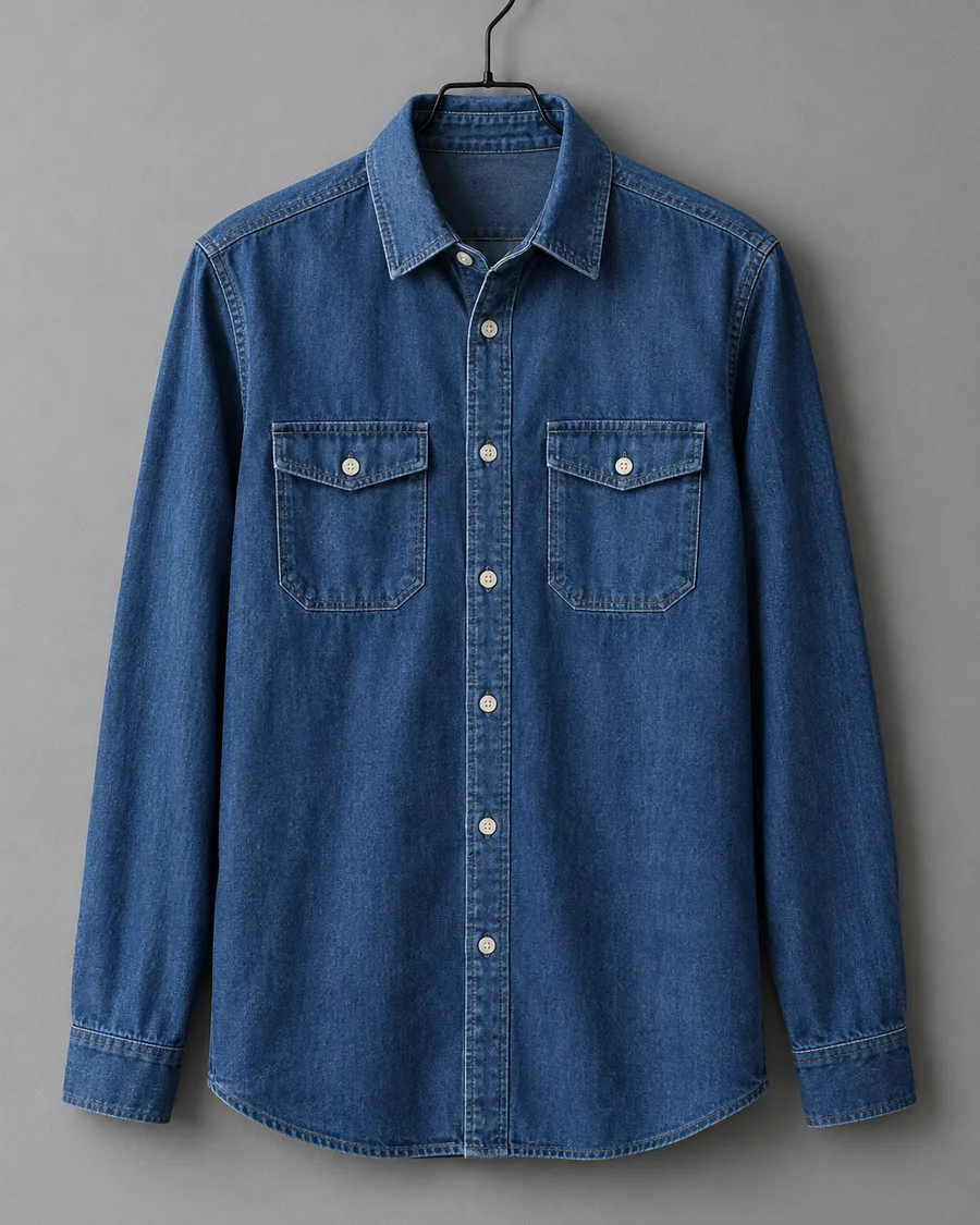 Camisa de denim ligero azul índigo con dos bolsillos de pecho colgada en una percha negra