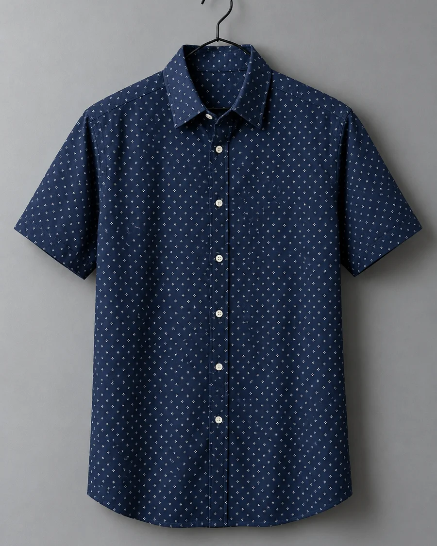Camisa de manga corta azul marino con microestampado blanco colgada en una percha negra