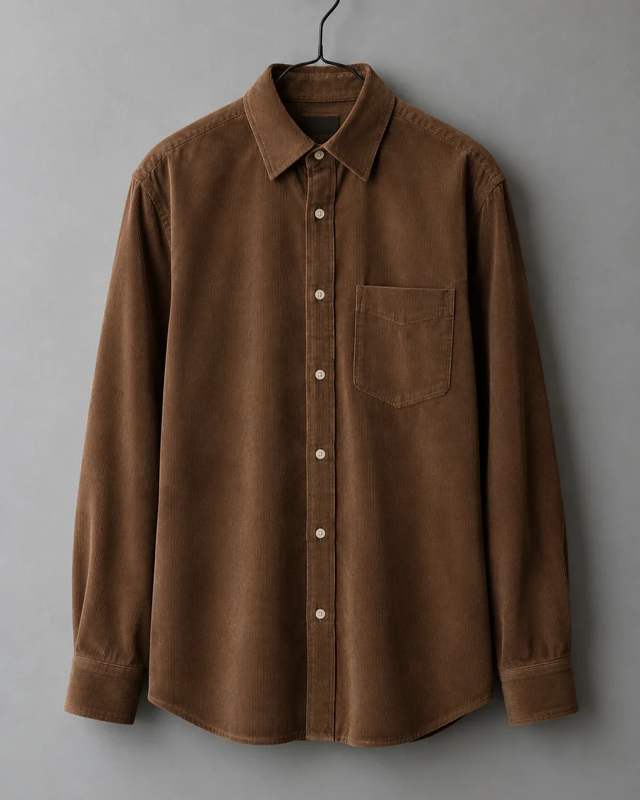Camisa de micropana marrón tabaco colgada en una percha negra de metal