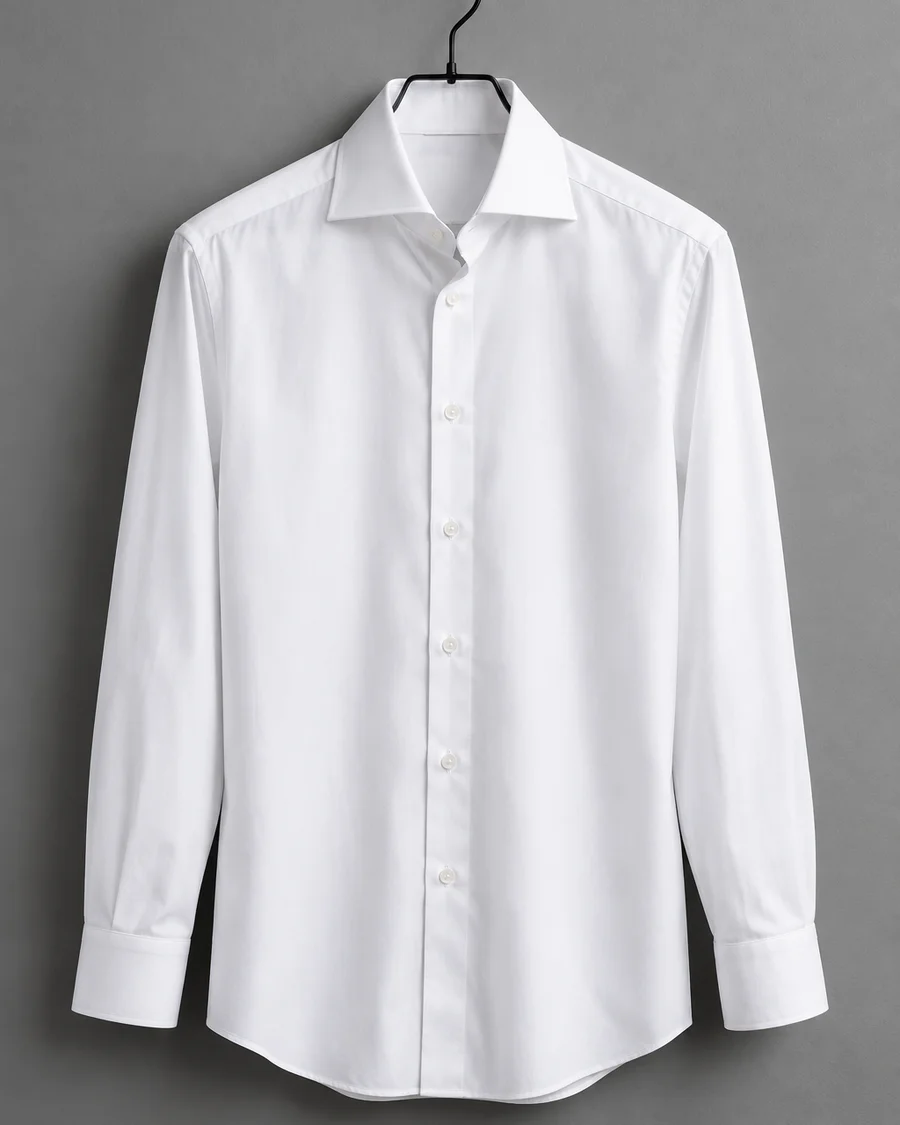 Camisa blanca de popelín con cuello italiano abierto colgada en una percha negra