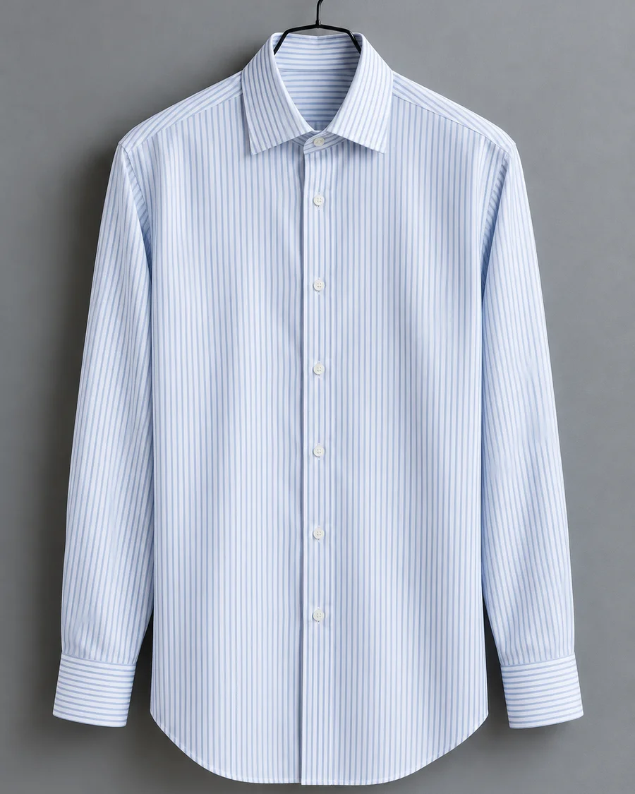 Camisa de popelín blanca con raya fina celeste colgada en una percha negra de metal