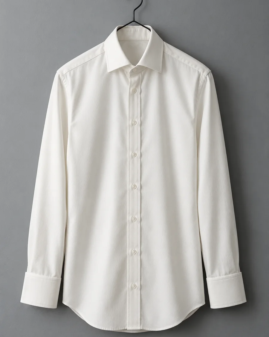 Camisa de twill blanco crudo con puño doble para gemelos colgada en una percha negra