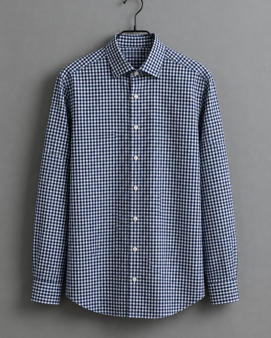 Camisa de cuadro vichy pequeño azul marino y blanco colgada en una percha negra de metal