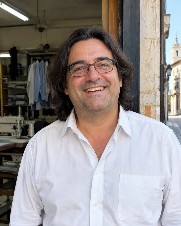 Rubén, con gafas y camisa blanca de popelín, riéndose en la puerta del taller